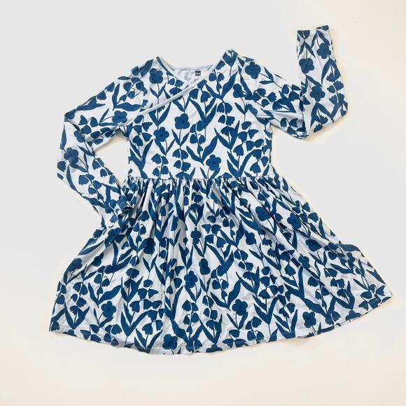 Tea Collection Girls Dress SZ 12 Blue White Floral Print Long Sleeve Fit & Flare - Picture 1 of 6